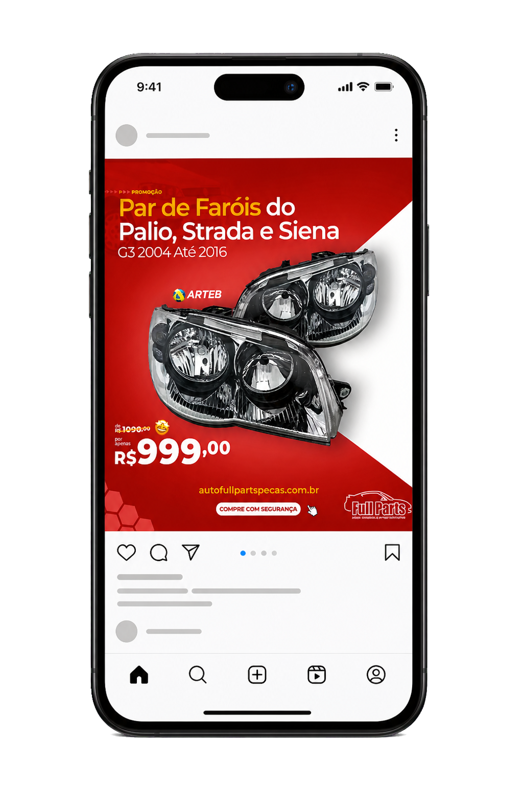 Mockup de celular mostrando uma arte promocional em um post de Instagram