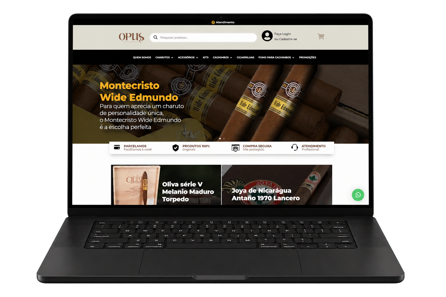 Mockup em notebook de uma loja virtual desenvolvida para a Opus